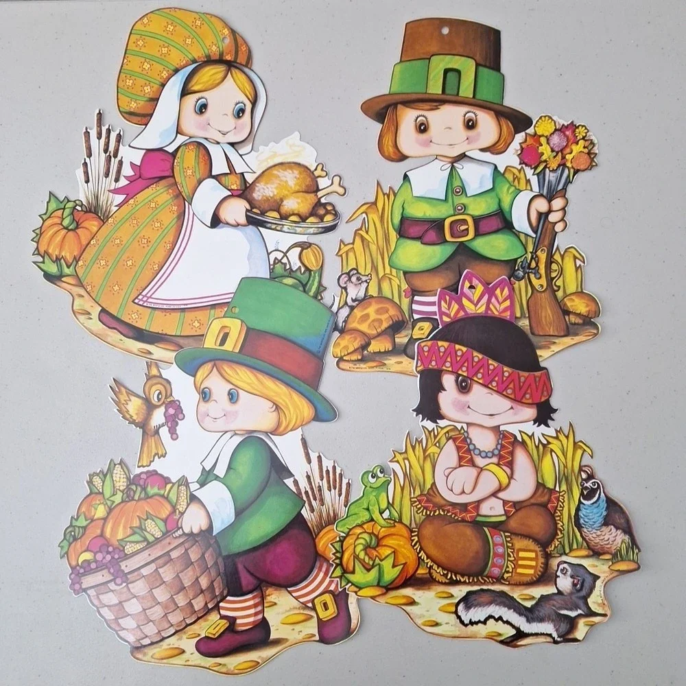4 Beistle 1978 Vintage Die Cut Thanksgiving Pilgrims Native American